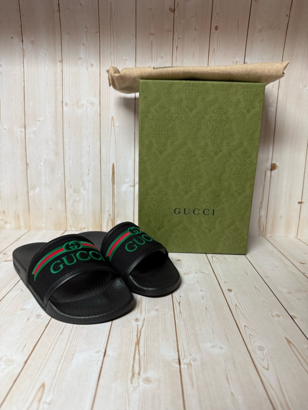 Gucci Embroidered Stripe Logo Canvas Slide Sandals Black Multicolor Sz 31 / 13